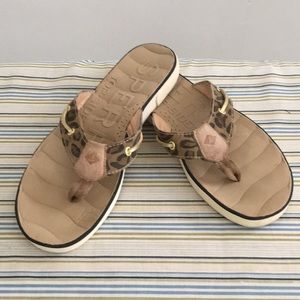 Sperry leopard print leather flip flops